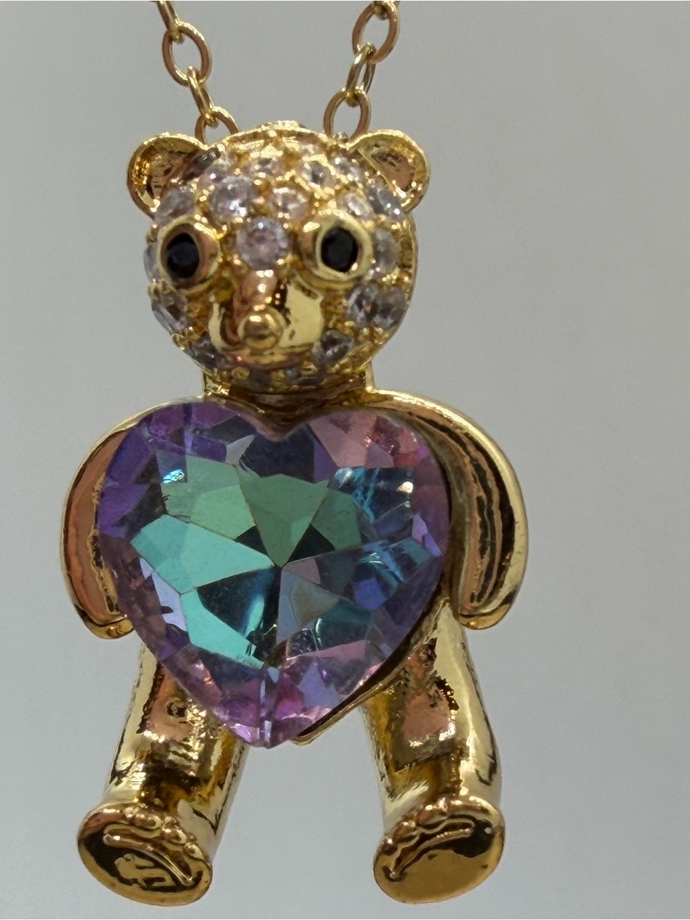Gold-Tone Teddy Bear Necklace with Iridescent Purple Heart Crystal